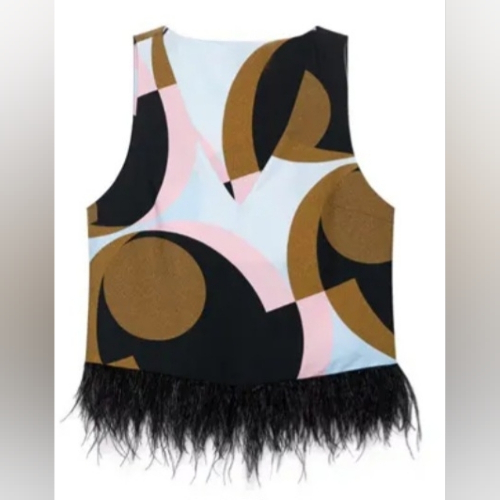 Zara Multicolor Graphic Feather-Hem Crop Top Size Large